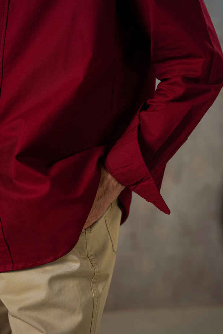 BURGUNDY LINEN BLEND BUTTON DOWN SHIRT