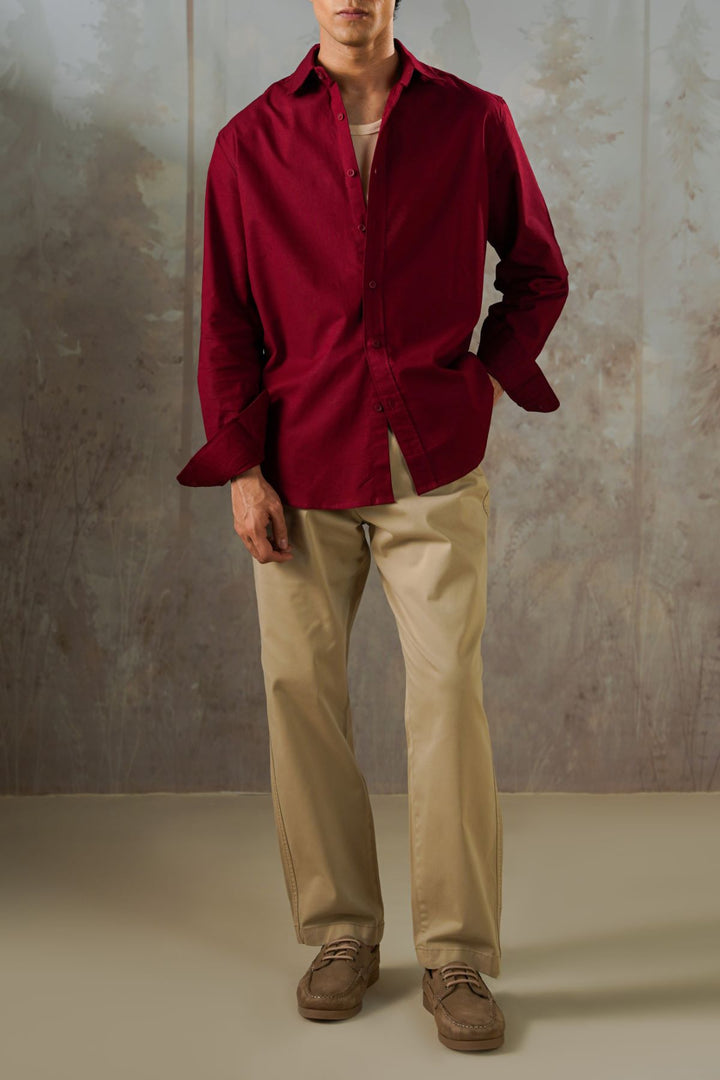 BURGUNDY LINEN BLEND BUTTON DOWN SHIRT