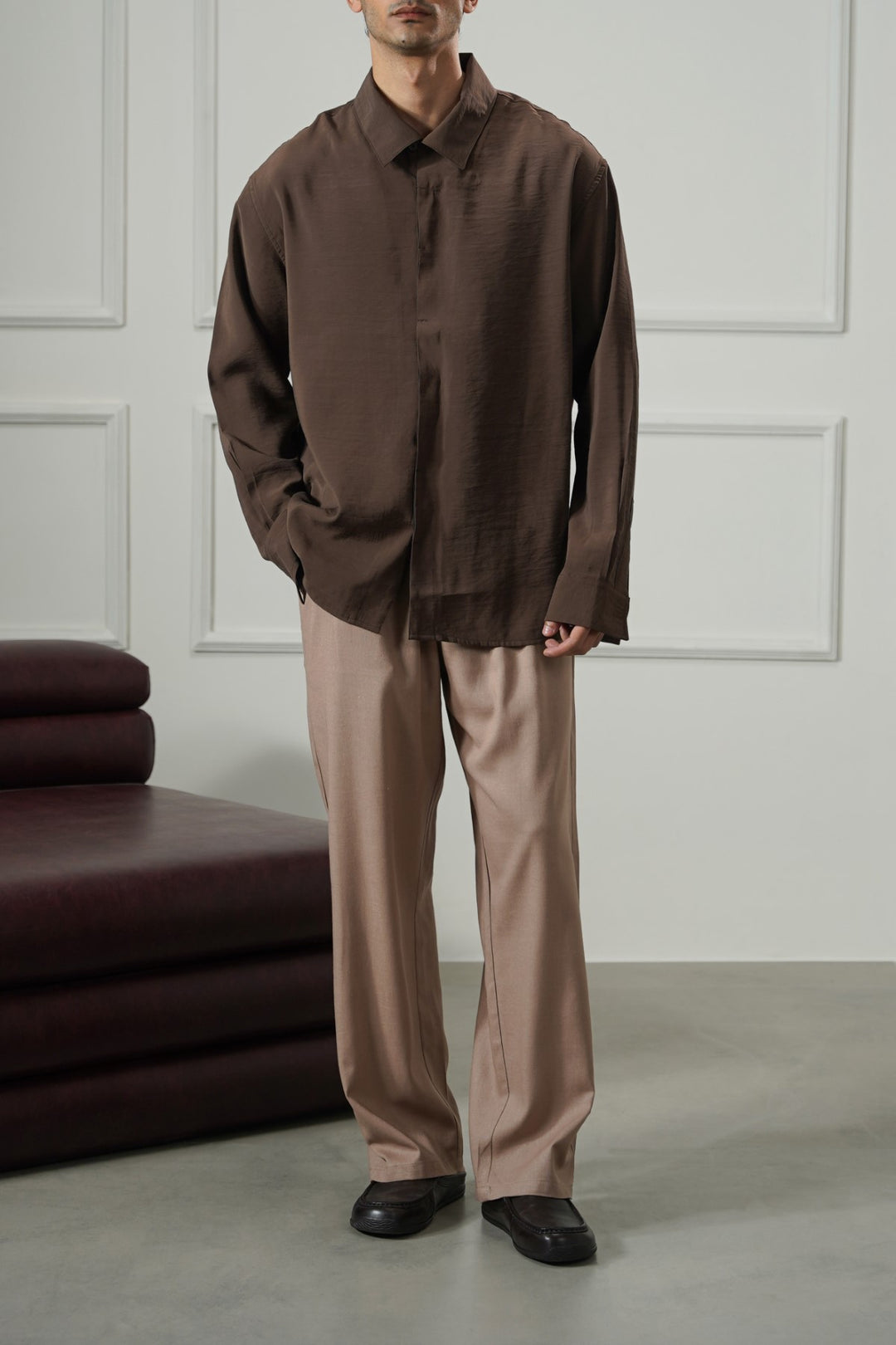 COFFEE STONEWASH FLOWY SHIRT