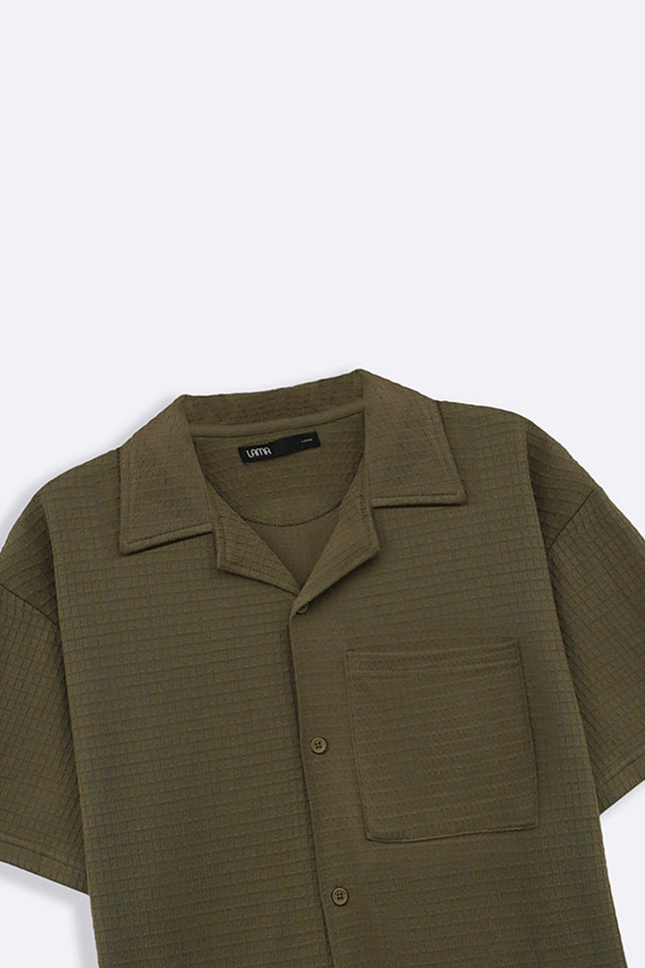 OLIVE CUBAN COLLAR TEXTURED SHIRT