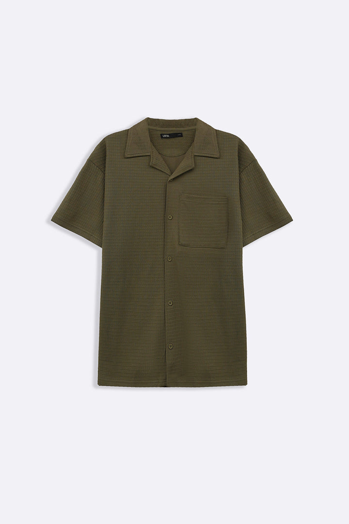 OLIVE CUBAN COLLAR TEXTURED SHIRT