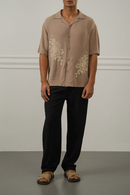 TAUPE EMBROIDERED LINEN BLEND SHIRT