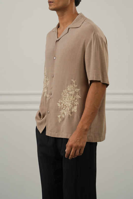 TAUPE EMBROIDERED LINEN BLEND SHIRT