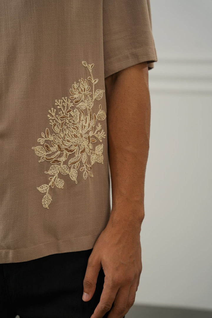 TAUPE EMBROIDERED LINEN BLEND SHIRT