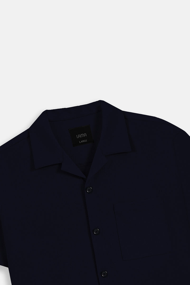 NAVY SEERSUCKER CAMP COLLAR SHIRT
