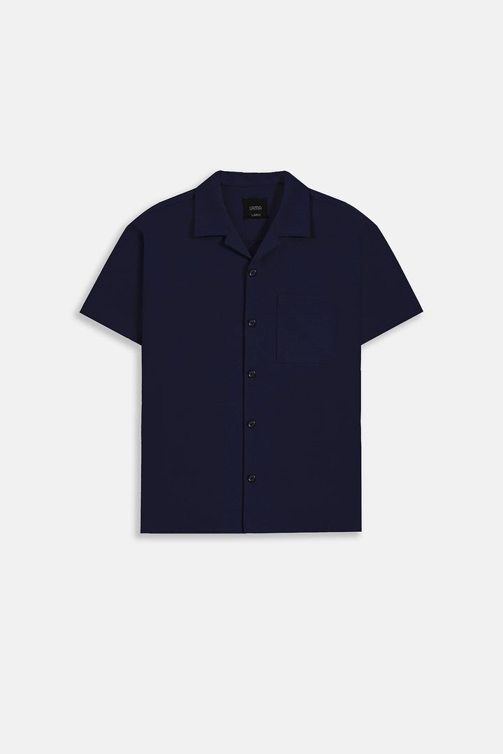 NAVY SEERSUCKER CAMP COLLAR SHIRT