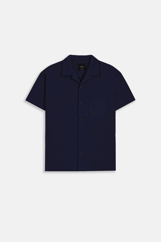 NAVY SEERSUCKER CAMP COLLAR SHIRT