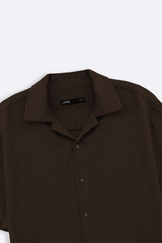 BROWN TEXTURED COTTON SAFARI SHIRT