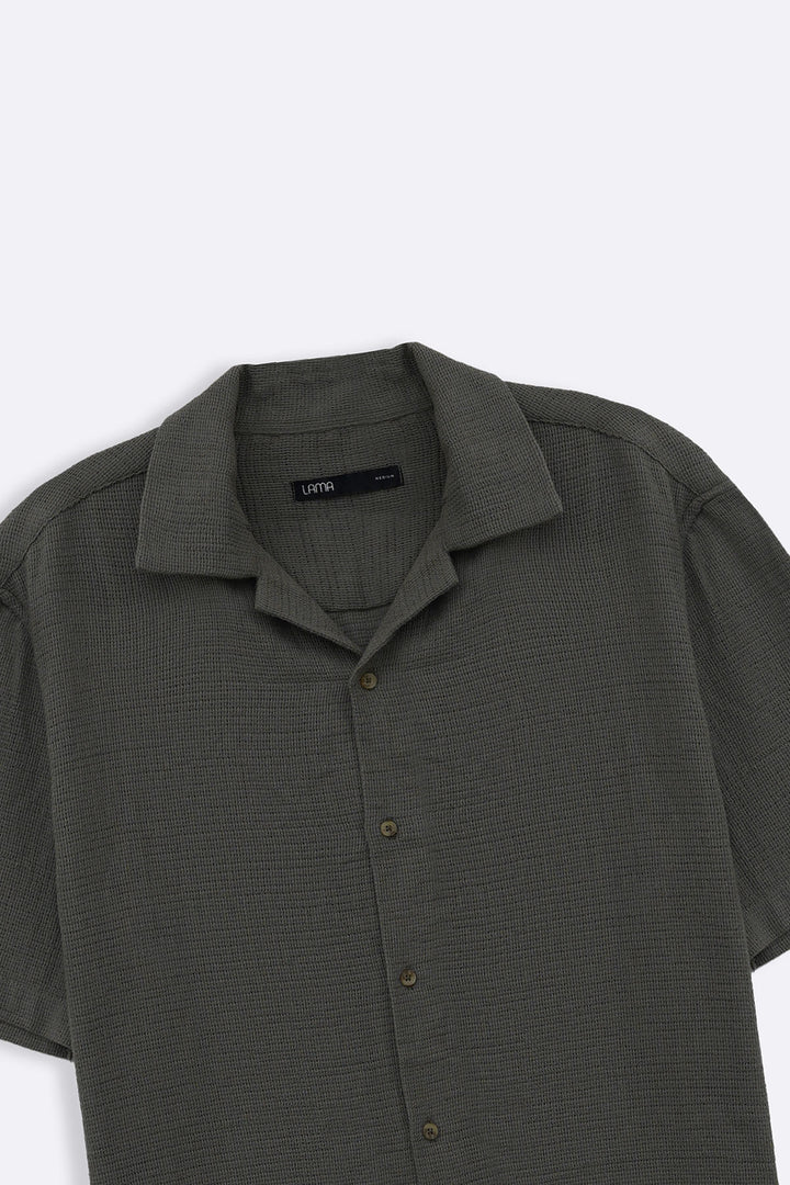 OLIVE TEXTURED COTTON SAFARI SHIRT