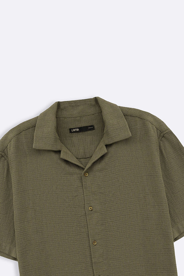 OLIVE TEXTURED COTTON SAFARI SHIRT