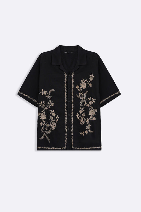 BLACK ASYMMETRIC EMBROIDERED SHIRT