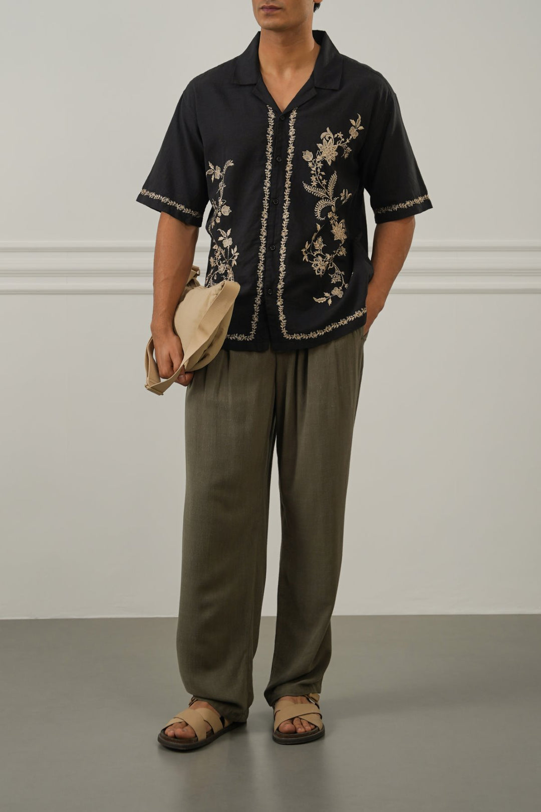 BLACK ASYMMETRIC EMBROIDERED SHIRT