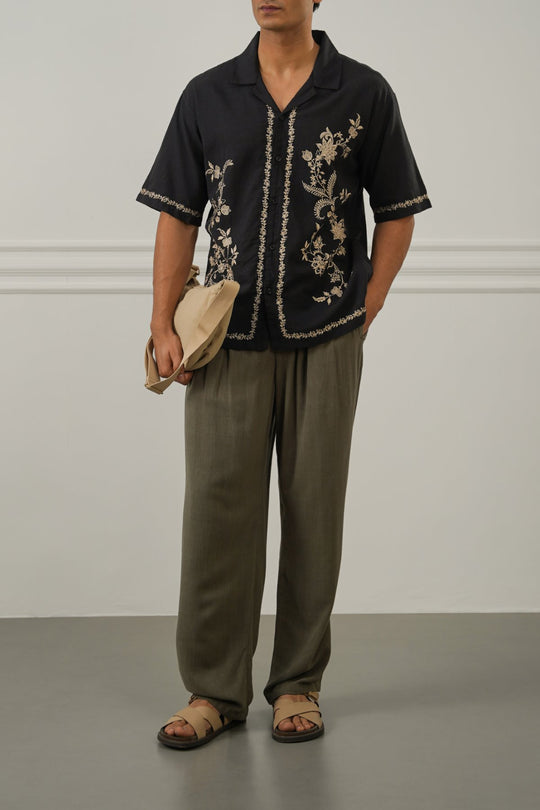 BLACK ASYMMETRIC EMBROIDERED SHIRT