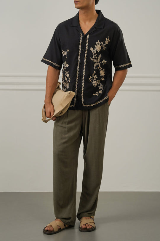 BLACK ASYMMETRIC EMBROIDERED SHIRT