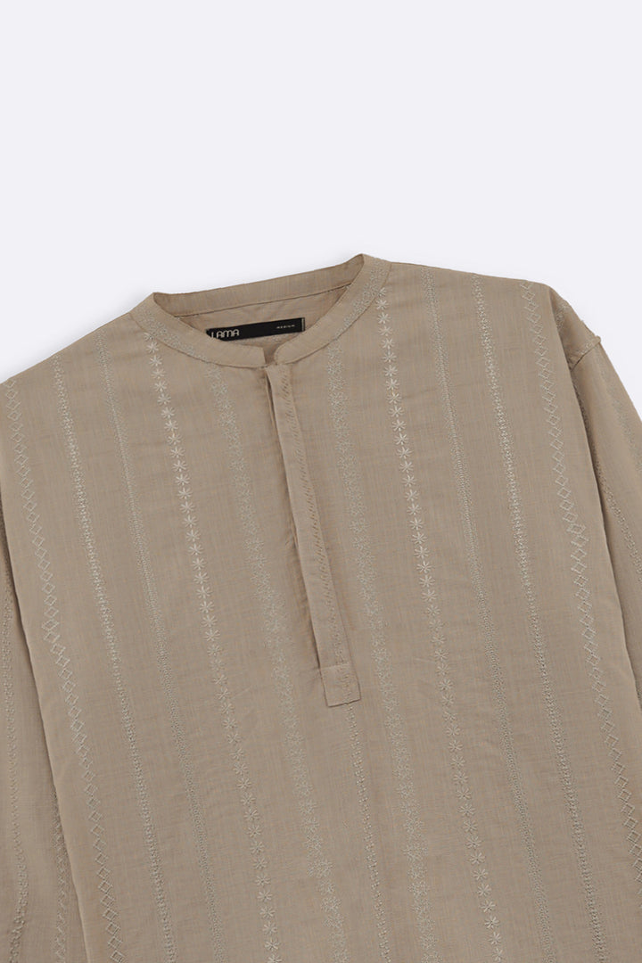 BEIGE EMBROIDERED HALF PLACKET SHIRT