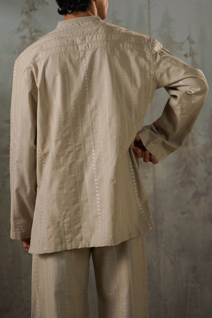 BEIGE EMBROIDERED HALF PLACKET SHIRT