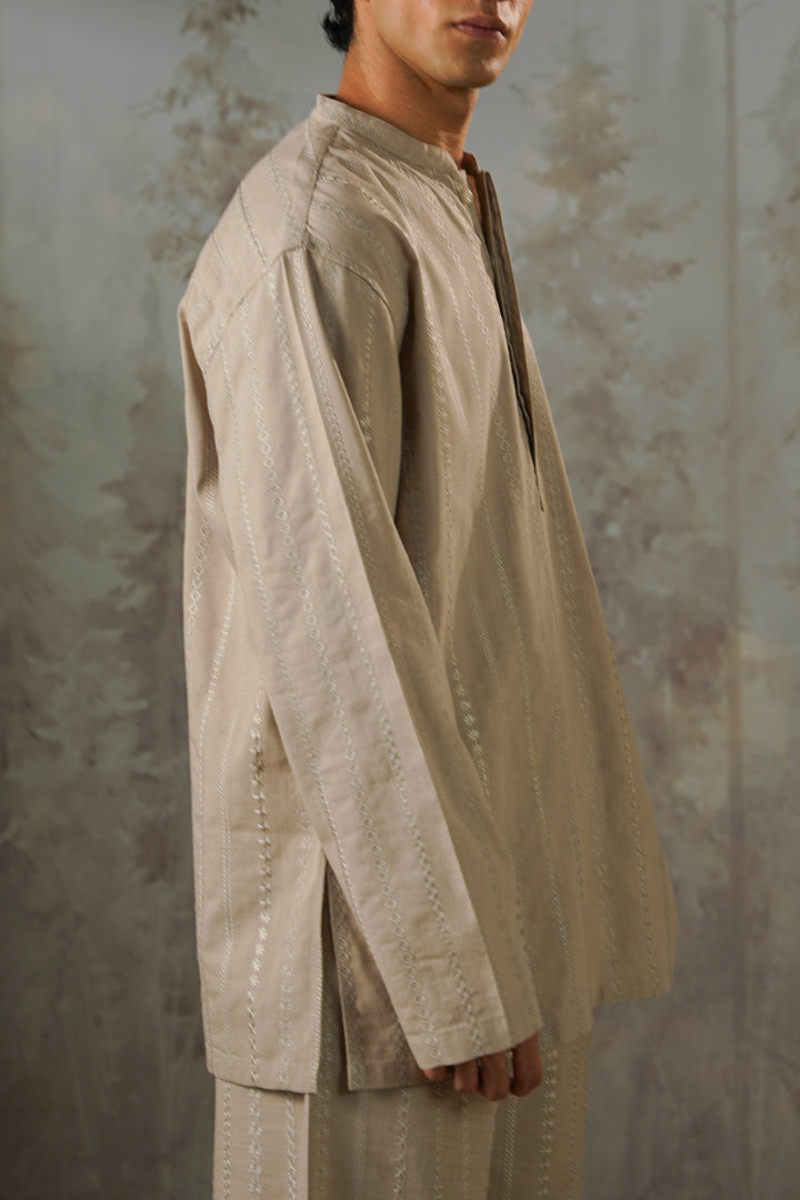 BEIGE EMBROIDERED HALF PLACKET SHIRT