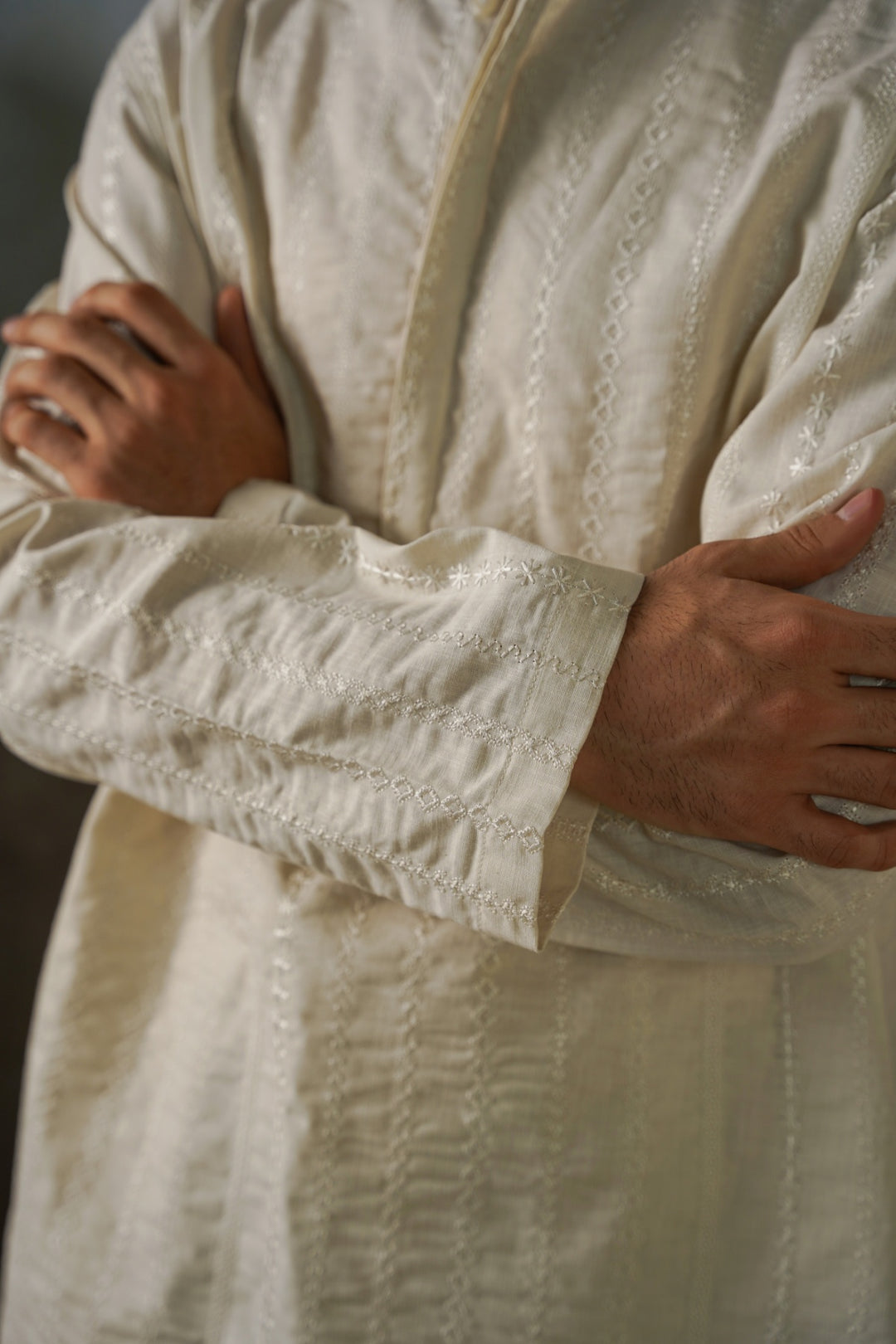 ECRU EMBROIDERED HALF PLACKET SHIRT