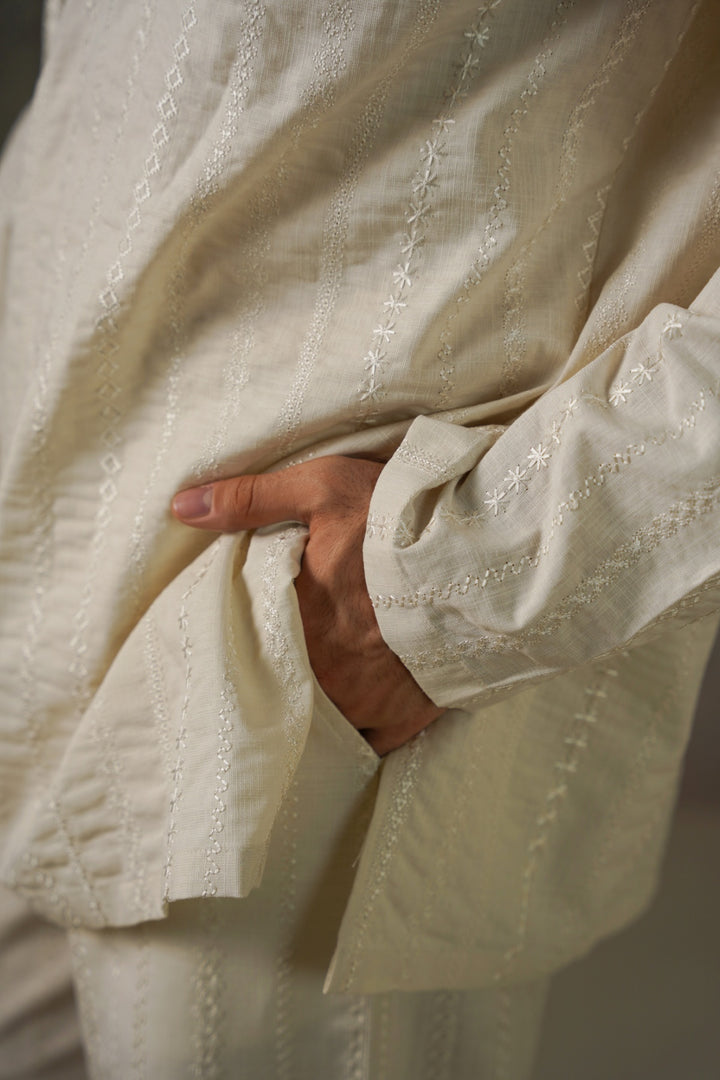 ECRU EMBROIDERED HALF PLACKET SHIRT