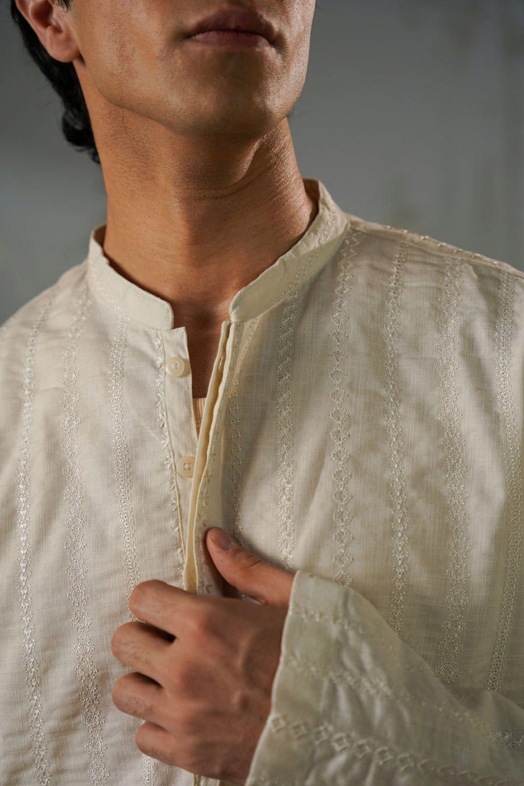 ECRU EMBROIDERED HALF PLACKET SHIRT