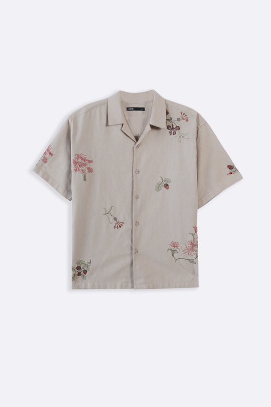 BEIGE EMBROIDERED DOBBY SHIRT