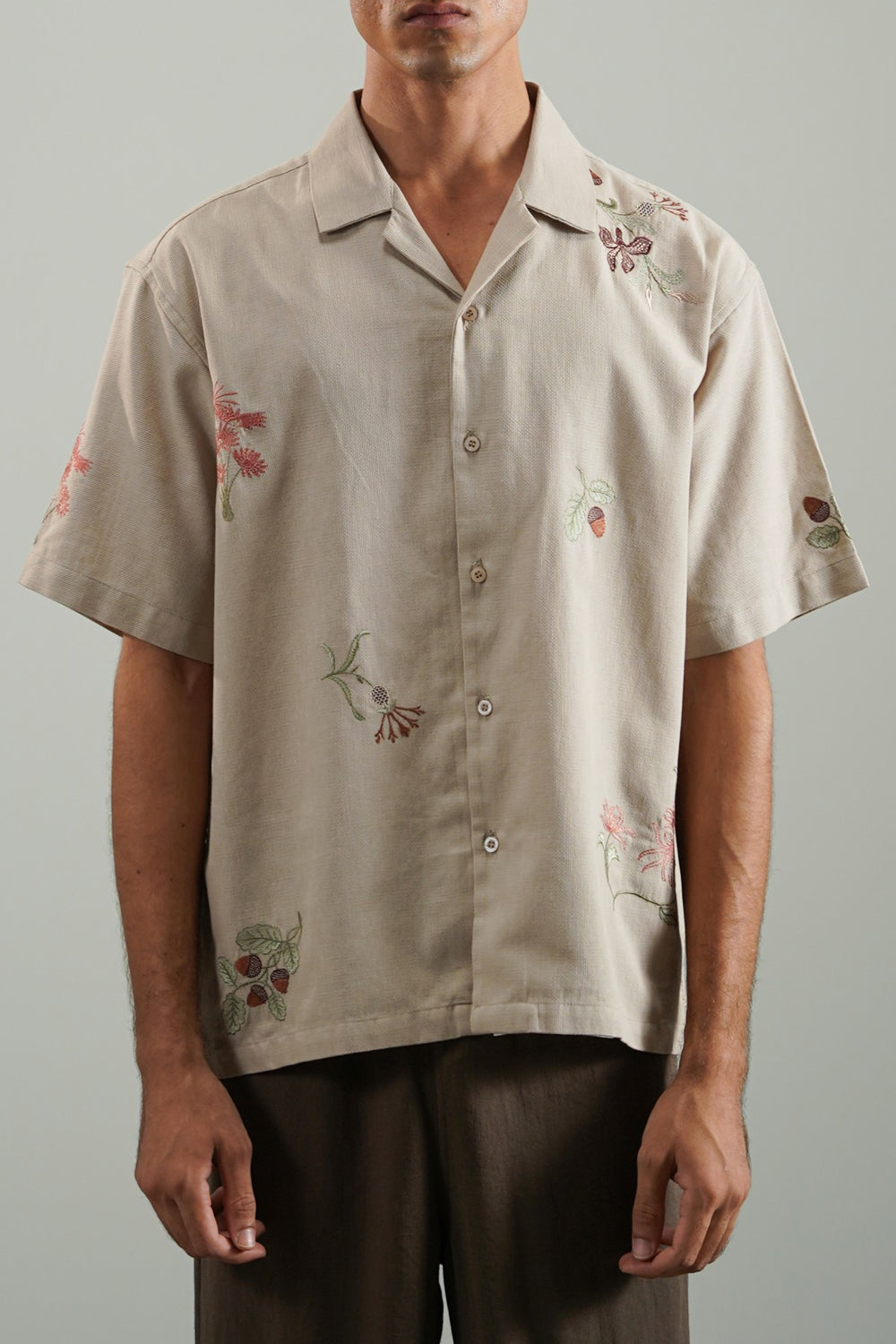 BEIGE EMBROIDERED DOBBY SHIRT