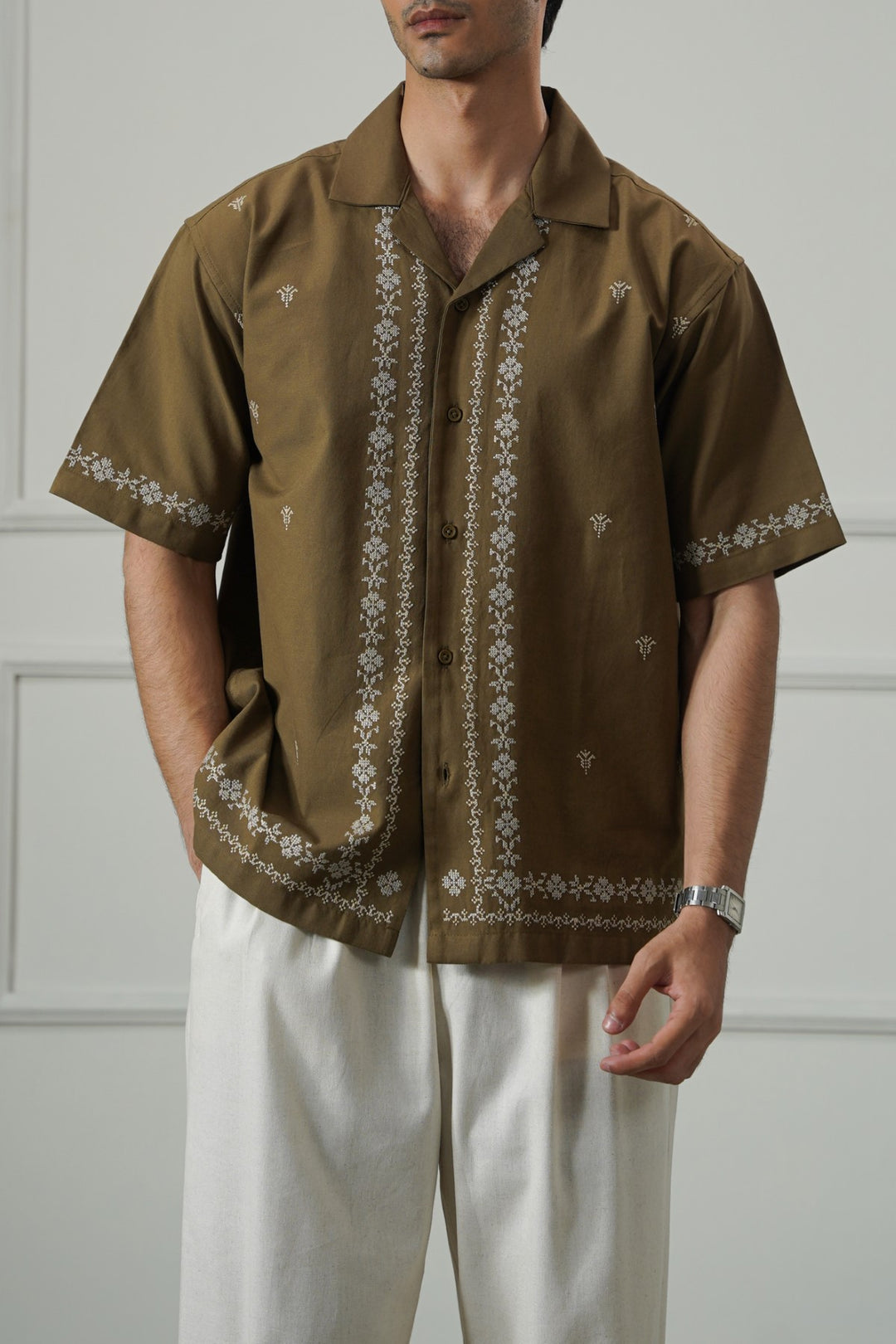 BROWN SUMMER CLUB EMBROIDERED SHIRT