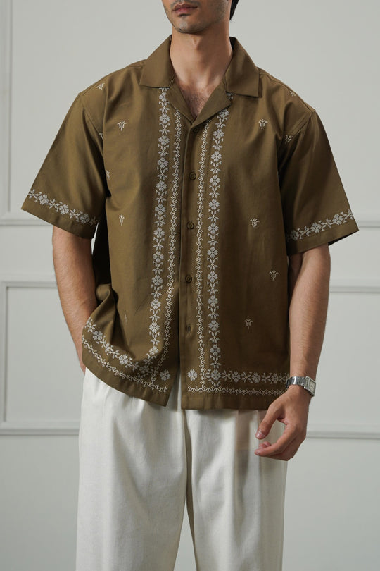 BROWN SUMMER CLUB EMBROIDERED SHIRT