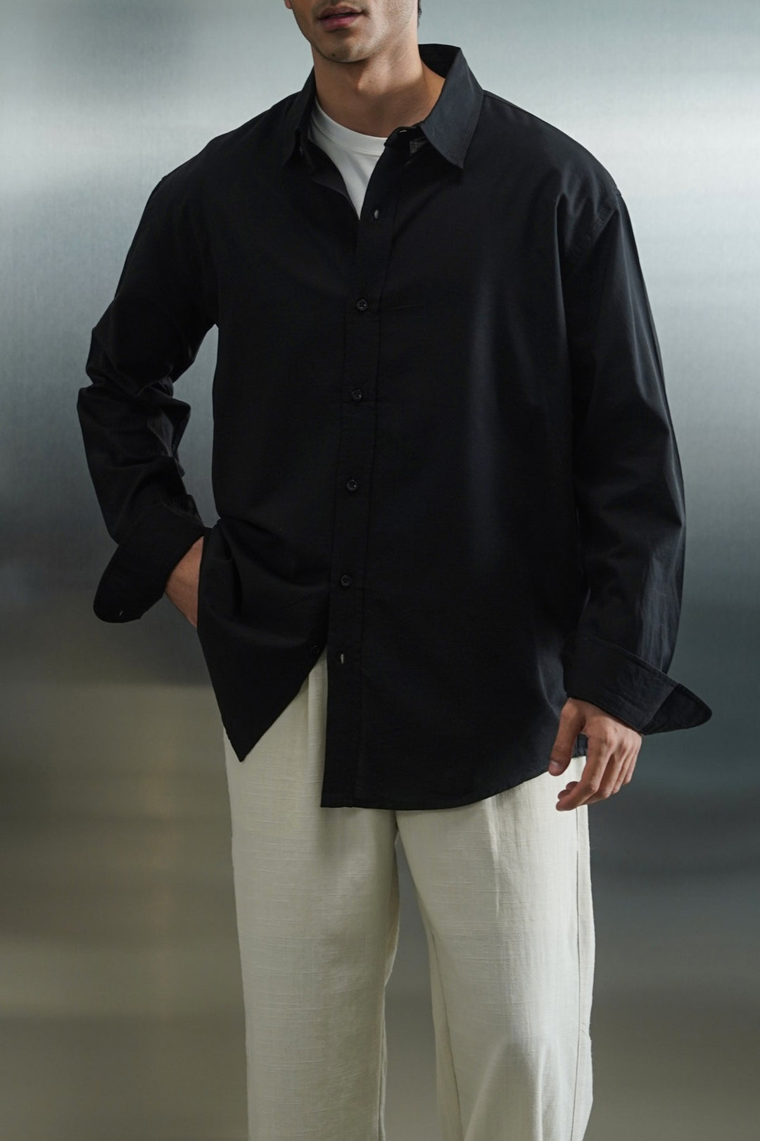 BLACK FLOWY COTTON BLEND SHIRT