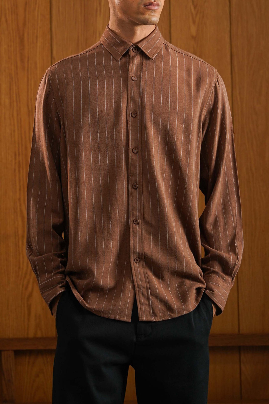 BROWN PINSTRIPE SHIRT WITH LINEN