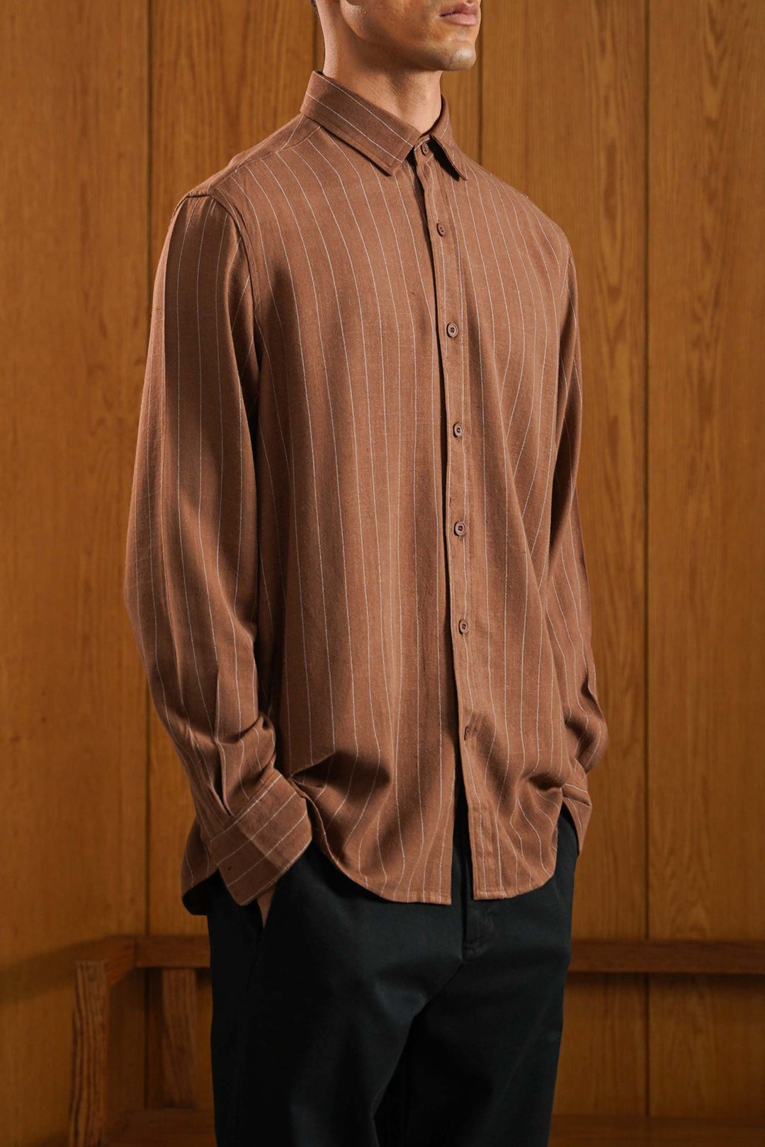 BROWN PINSTRIPE SHIRT WITH LINEN