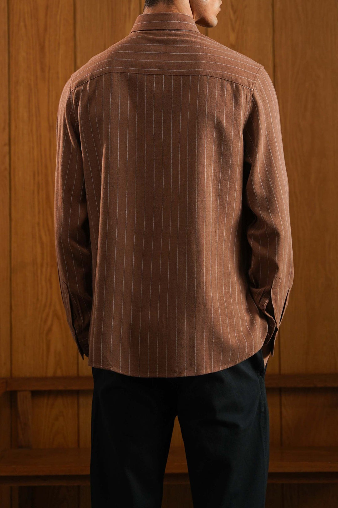 BROWN PINSTRIPE SHIRT WITH LINEN