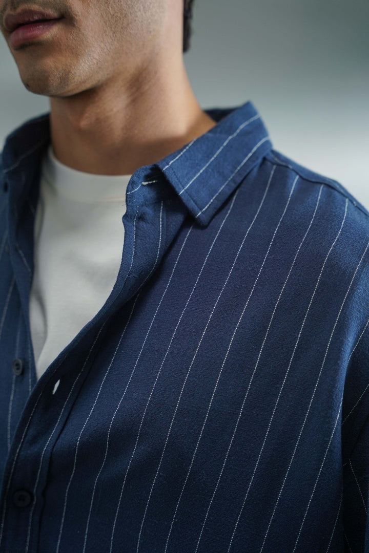 NAVY PINSTRIPE SHIRT WITH LINEN