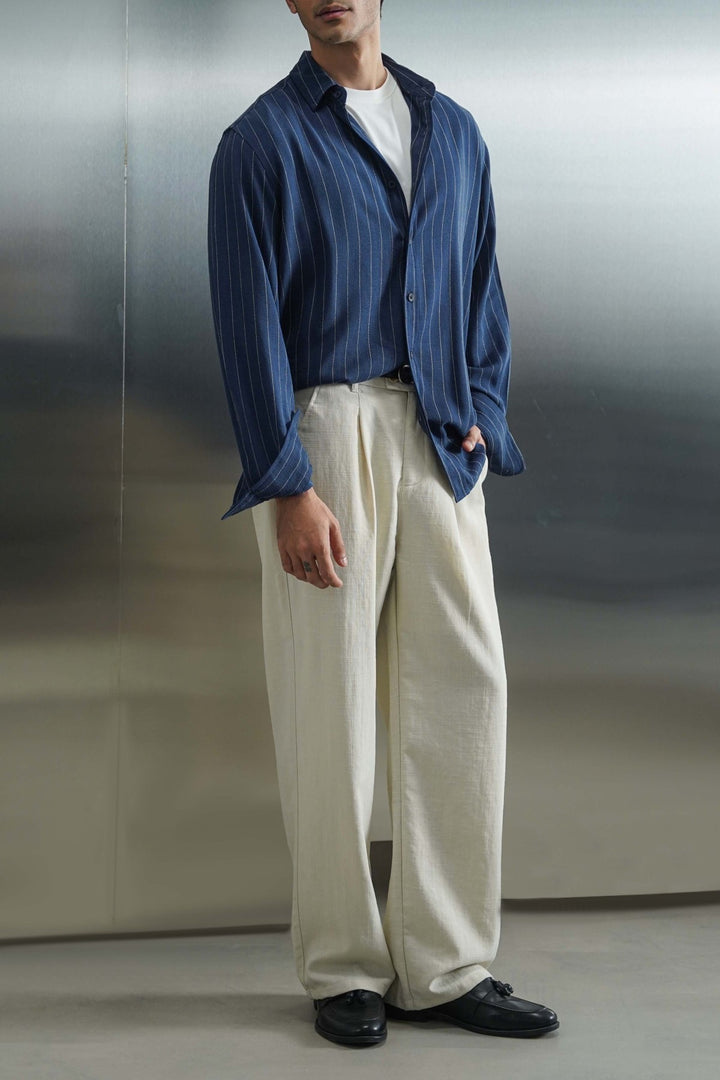 NAVY PINSTRIPE SHIRT WITH LINEN