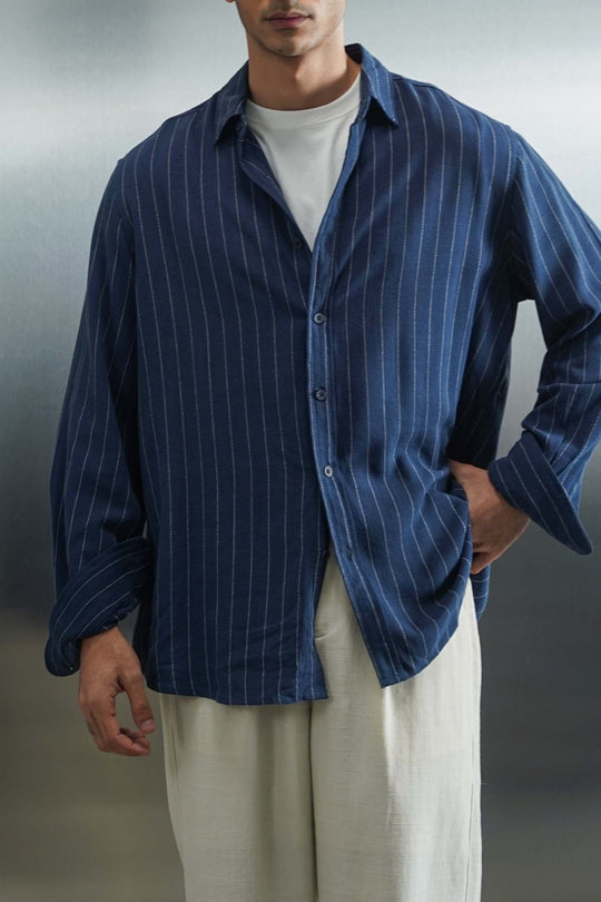 NAVY PINSTRIPE SHIRT WITH LINEN