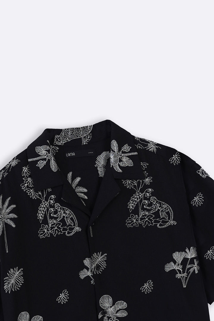 BLACK EMBROIDERED DOBBY SHIRT