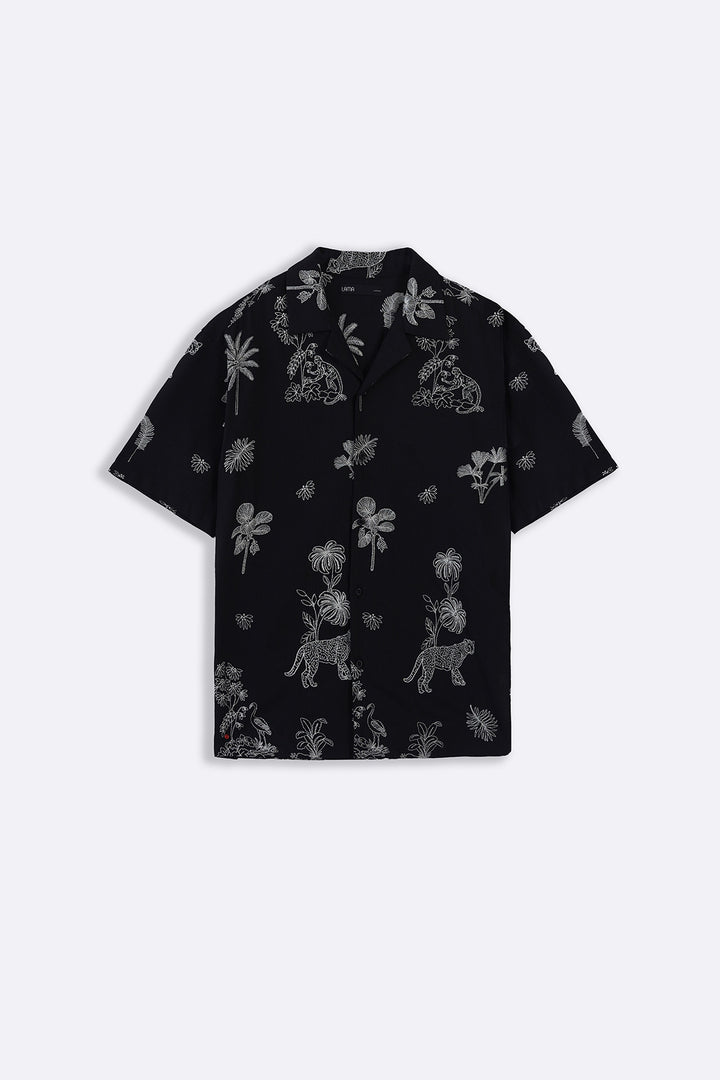 BLACK EMBROIDERED DOBBY SHIRT