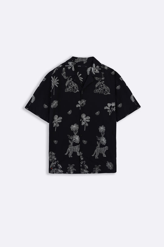 BLACK EMBROIDERED DOBBY SHIRT