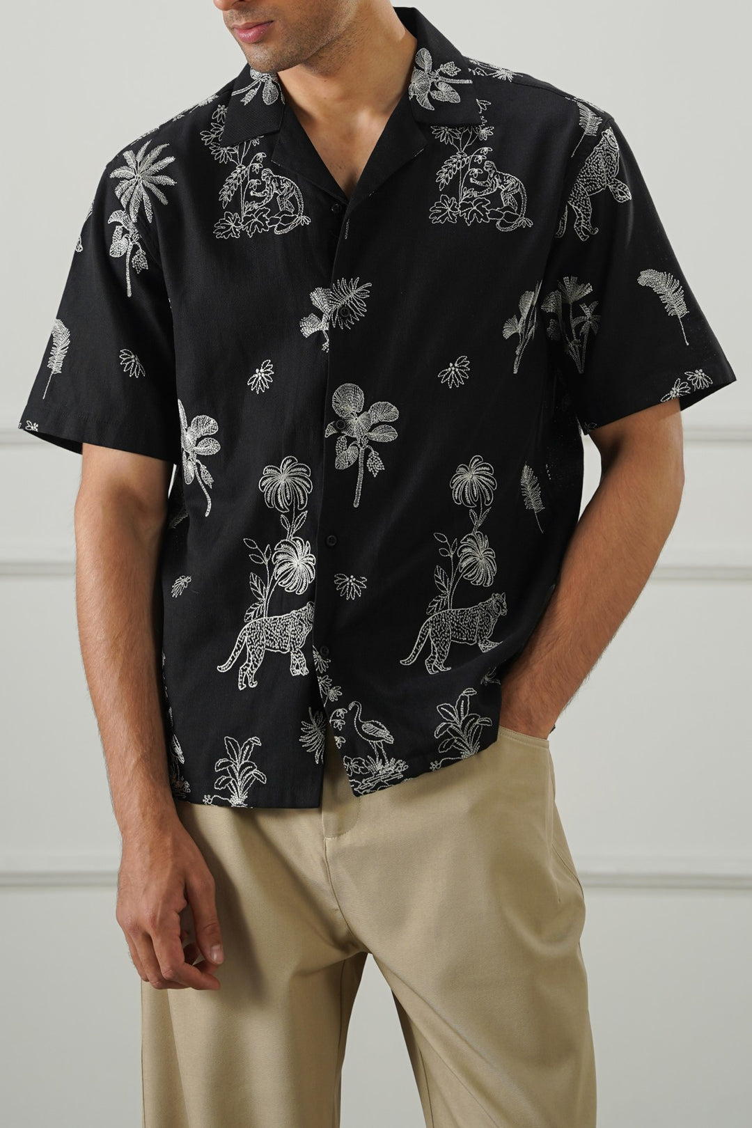 BLACK EMBROIDERED DOBBY SHIRT