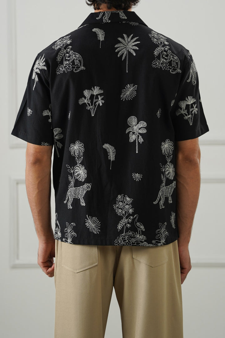 BLACK EMBROIDERED DOBBY SHIRT