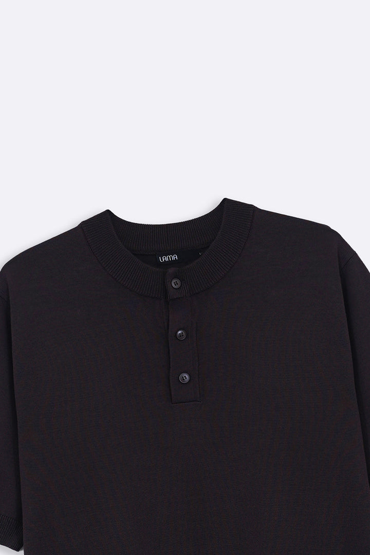BLACK SOFT KNIT HENLEY SHIRT