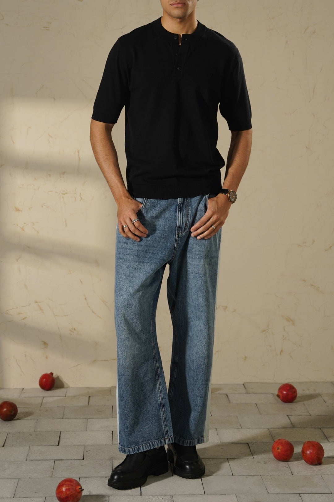 BLACK SOFT KNIT HENLEY SHIRT