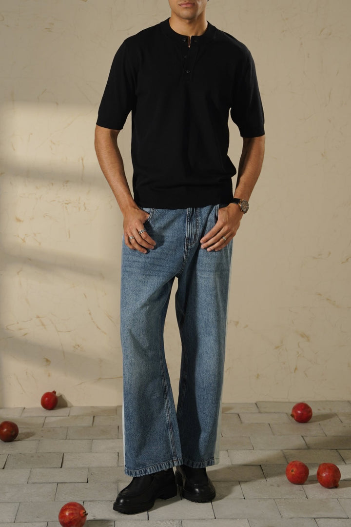 BLACK SOFT KNIT HENLEY SHIRT