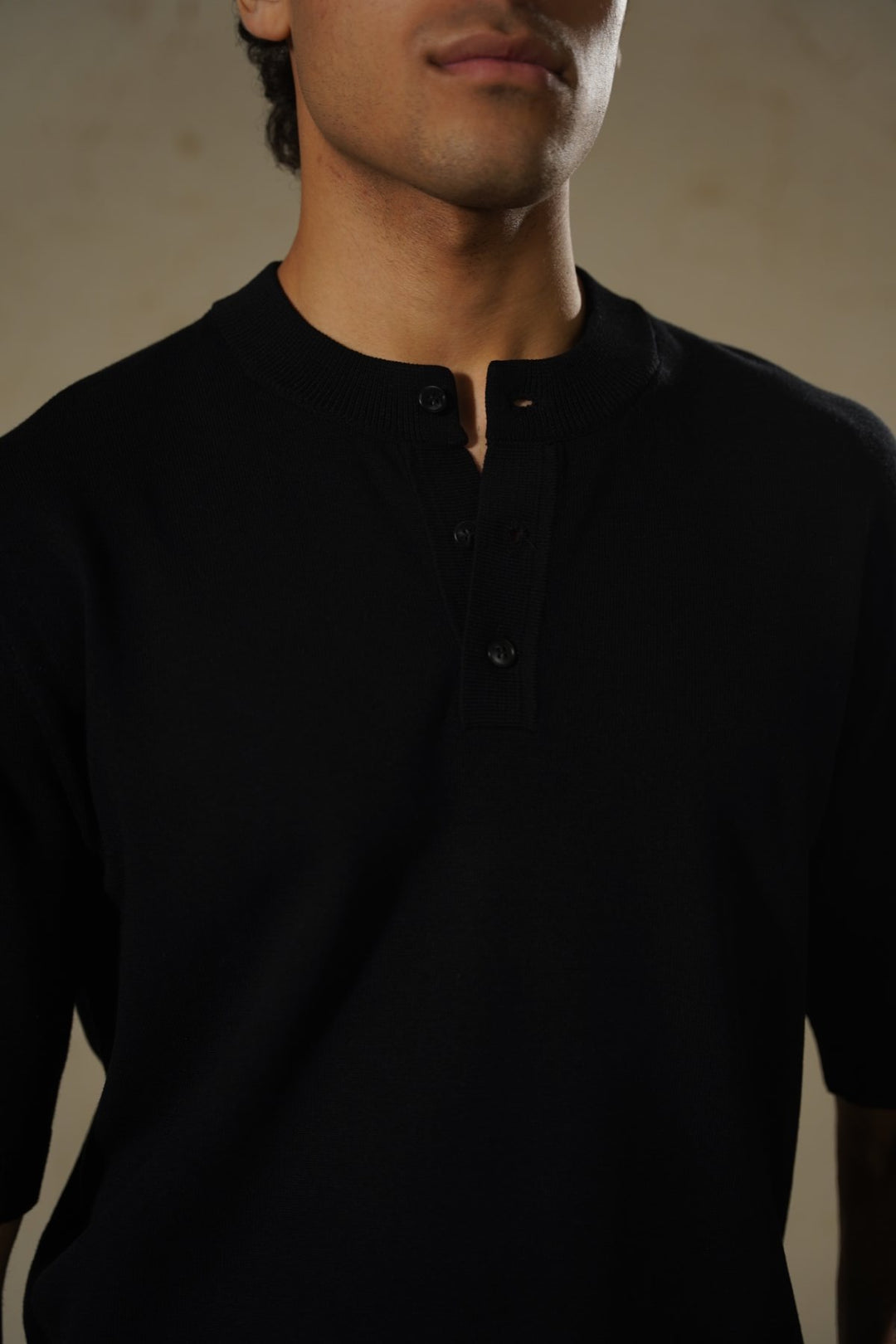 BLACK SOFT KNIT HENLEY SHIRT