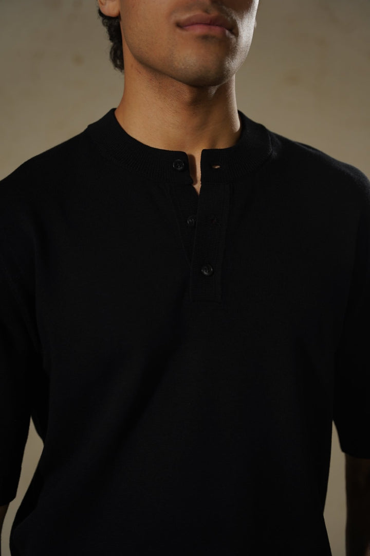BLACK SOFT KNIT HENLEY SHIRT