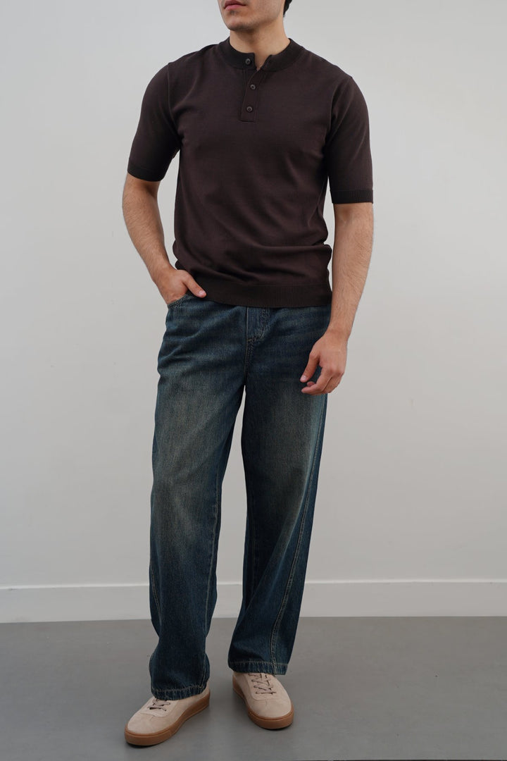DARK BROWN SOFT KNIT HENLEY SHIRT