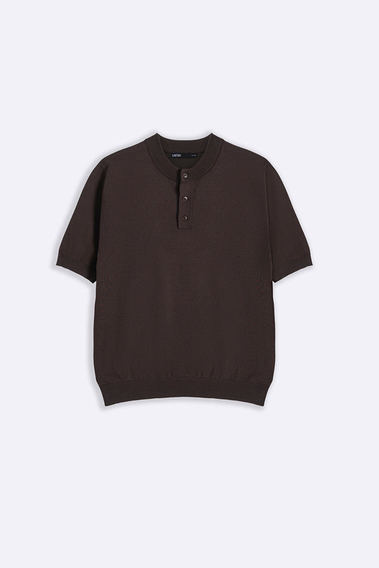 DARK BROWN SOFT KNIT HENLEY SHIRT