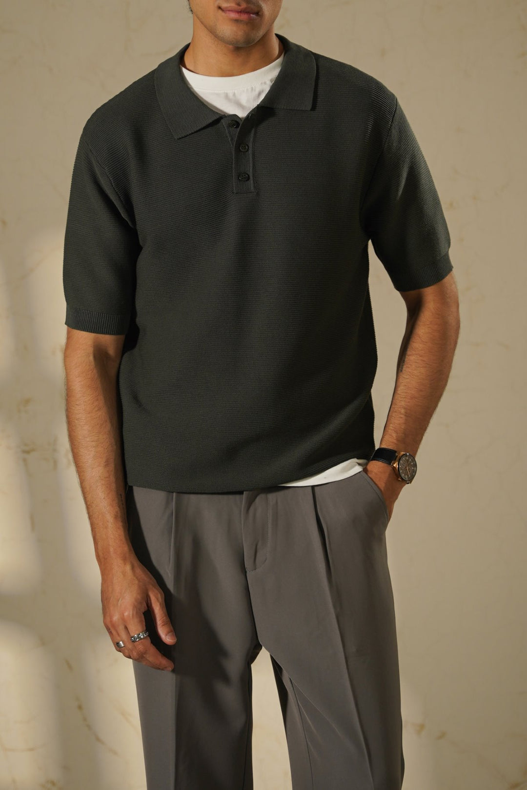 DARK GREEN TEXTURED POLO