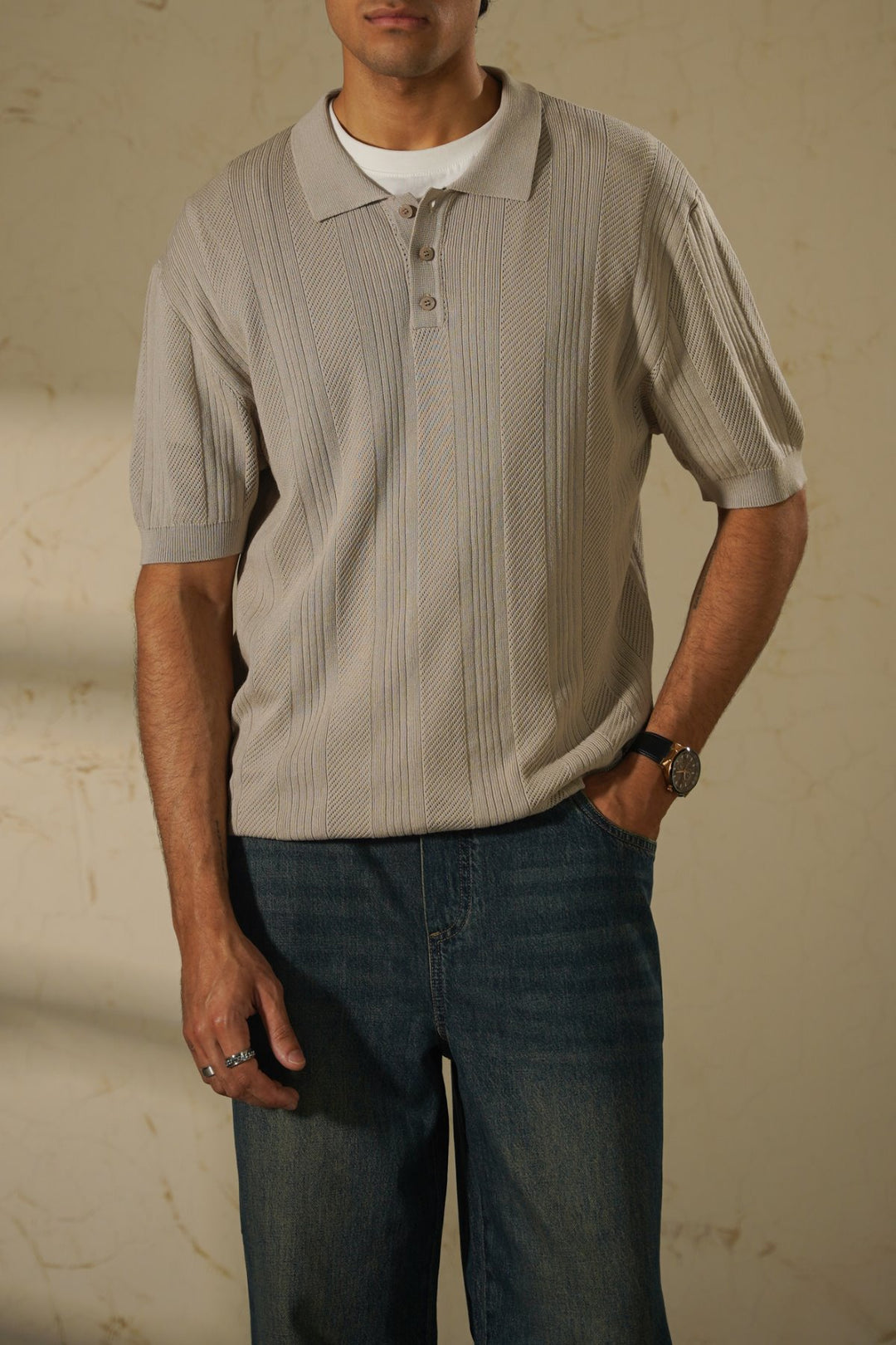 BEIGE SHEER KNIT POLO