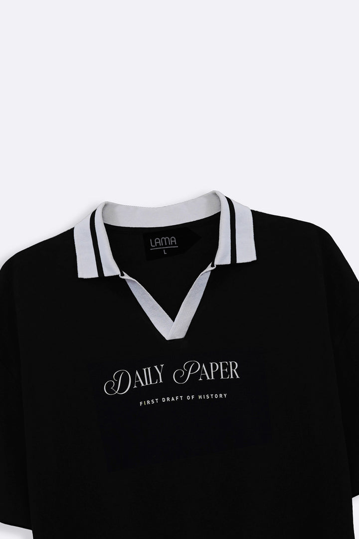 BLACK PRINTED POLO TEE